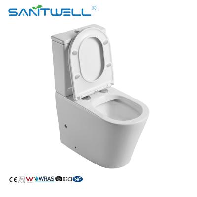 China Ceramic Hot Sale Floor Standing WC Two Piece Rimless Close Coupled Toilet for sale