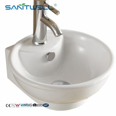 中国 反対の洗面器の超薄い端の浴室の芸術の洗面器の上のAB8115白い円形の陶磁器の洗面器 販売のため
