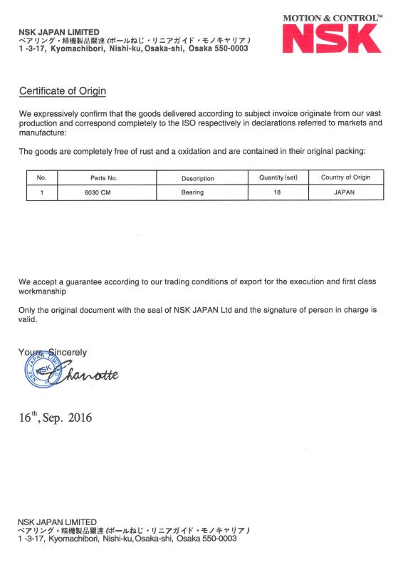 NSK Origin of Certificate - Shanghai Yiqiang Industrial Co.,Ltd