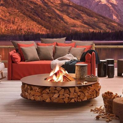 China Round Corten Steel Firewood Storage Outdoor Metal Furniture Wood Holder Fire Pit Table With Chairs for sale