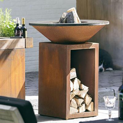 China Rusted Height 100cm Corten Steel Fire Pit Outdoor With Wood Storage for sale
