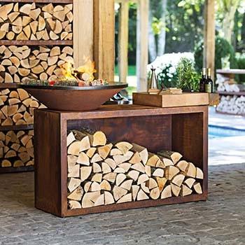 China Multi Function Rectangular Corten Steel Fire Table With Log Storage for sale
