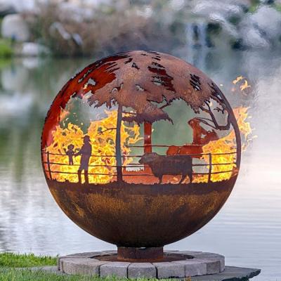 China 900mm Decorative Corten Globe Steel Fire Pit Handcrafted for sale