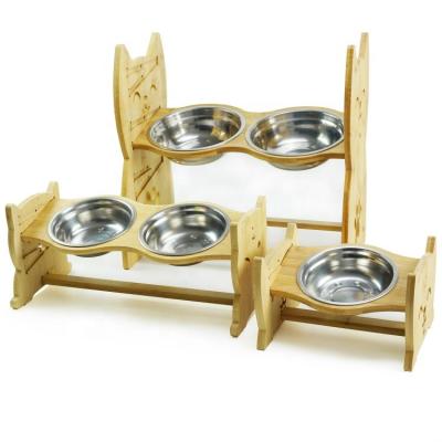 China SS304 TUV Pet Food Feeder 14.5cm Wooden Raised Dog Bowls for sale