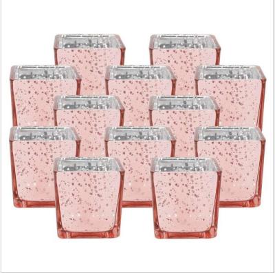 China Speckled pink rose gold square tube shape Mercury Glass Votive Candle Holder for sale