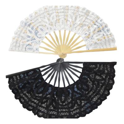 China Wedding Cotton Lace Bridal White Lace Spanish Hand Fan Folding with Bamboo Staves for sale