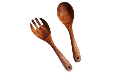 China El utensilio de cocinar de madera sólida del acacia fijó la cuchara de la ensalada y el sistema grandes de la bifurcación en venta
