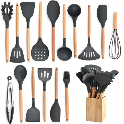 China 17 Piece Wooden Handle Silicone Spatula Set Printed LOGO For Cooking for sale