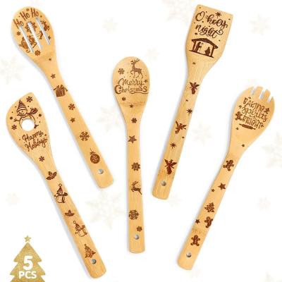 China Halloween Christmas Wooden Spoons Natural Laser Carving Bamboo Wooden Spatula for sale