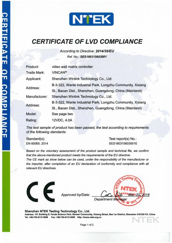 CERTIFICATE OF LVD COMPLIANCE - Shenzhen Winlink Technology Co., Limited