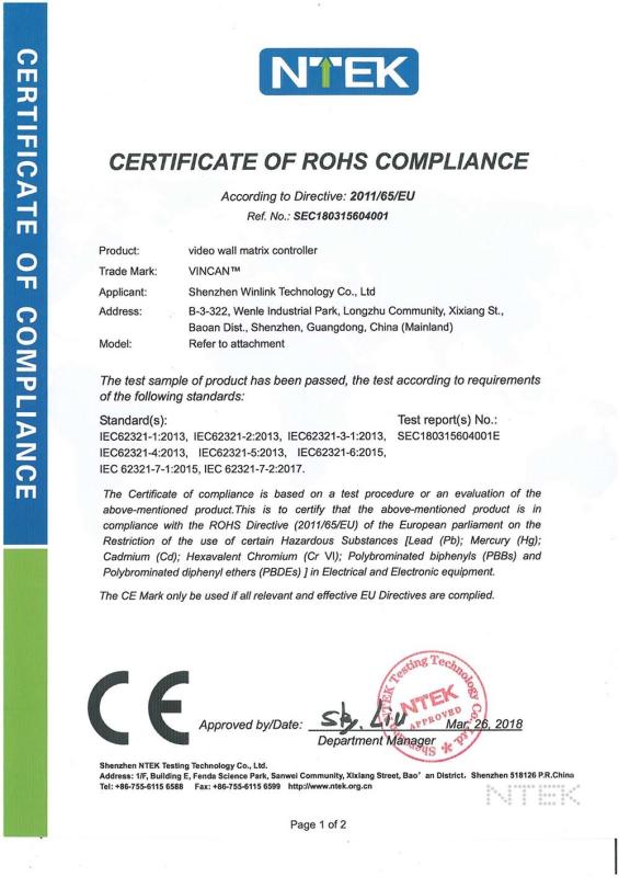CERTIFICATE OF ROHS COMPLIANCE - Shenzhen Winlink Technology Co., Limited