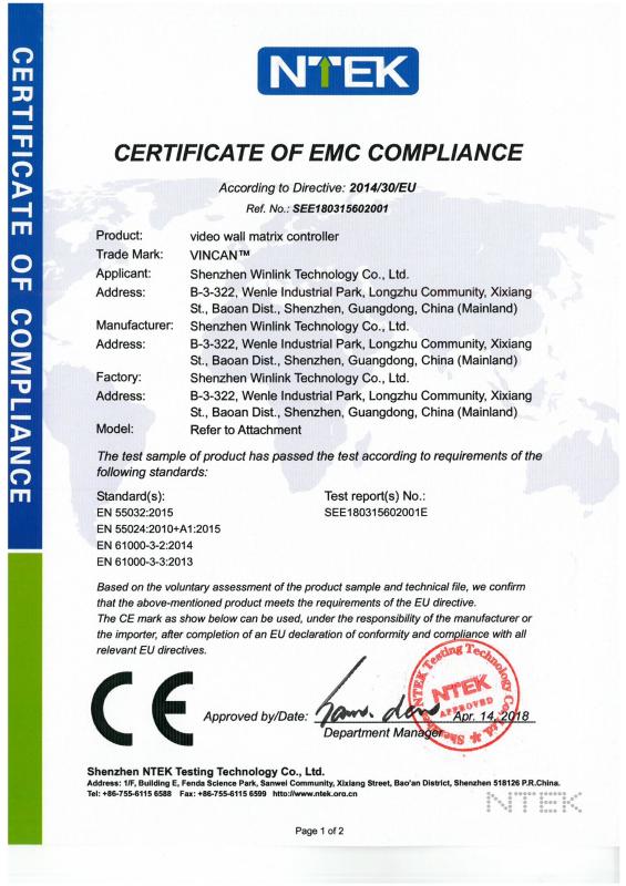 CERTIFICATE OF EMC COMPLIANCE - Shenzhen Winlink Technology Co., Limited