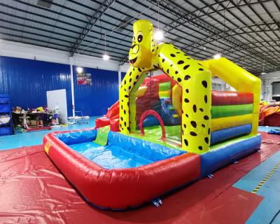 China Yellow Dog Bounce House Tarpaulin Inflatable Water Slide With Pool for sale