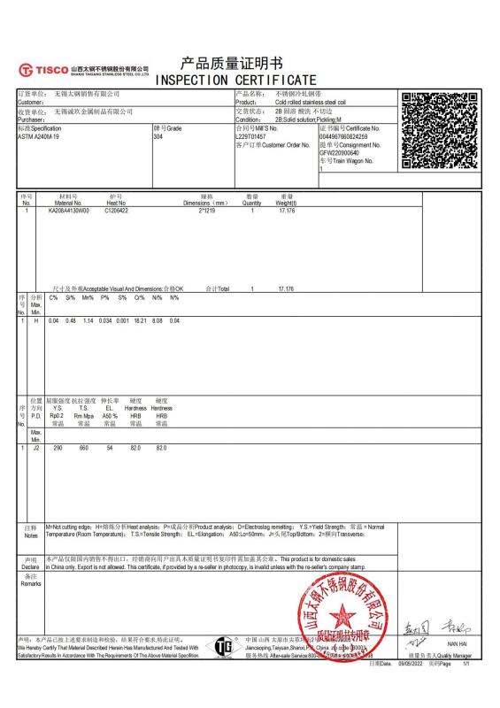 Inspection Certificate - Wuxi Chengjiu Metal Products Co., Ltd.