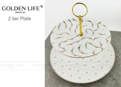 China Modern Pattern Ceramic Fruit Plates Cake Banquet Pastry Tray Gold Color Metal Stand for sale