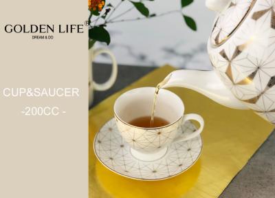 China Porcelain 200ml Tea Cup Saucer Dishwasher Safe With Real Gold Geometrical Line for sale
