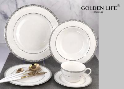 China Ceramic 20-Piece Kitchen Dinnerware Set, Plates, Bowls, Mugs, Service for 4,Silver with embossed for sale