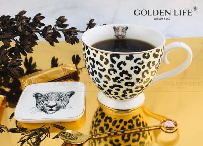 China Ceramic Cup Animal Leopard Design with 9.5cm square Dish Footed coffee Mug en venta