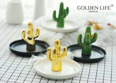 China Jewelry Plate Imitated Cactus Jewelry Plate Green Gold Color Ceramic Jewelry Dish for sale