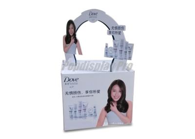 China Exhibiciones de papel de la plataforma de la venta al por menor de la cartulina para el champú del cuidado del cabello 1 logotipo arqueado en el top en venta
