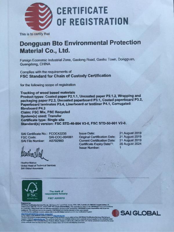 FSC Certification - Dongguan Bto Environmental Protection Material Co., Ltd.