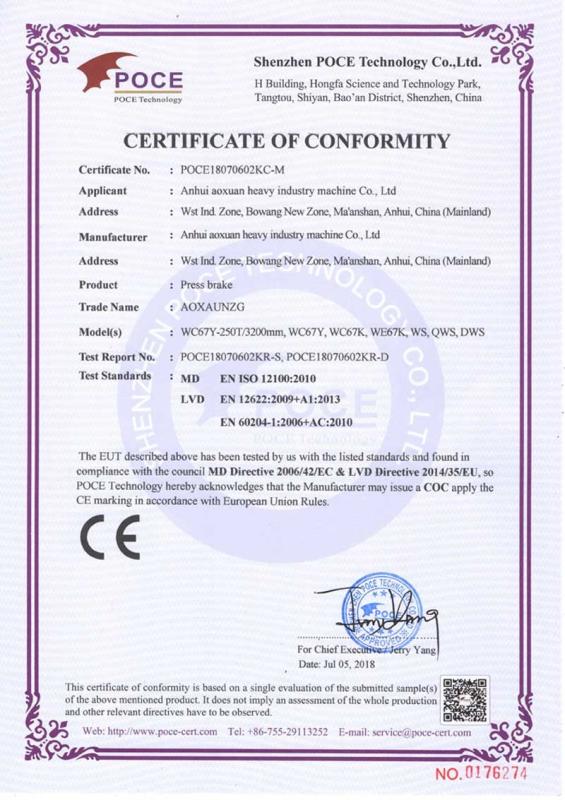 MD EN ISO 12100:2010 LVD EN 12622:2009+A1:2013 EN 60204-1:2006+AC:2010 - Anhui Aoxuan Heavy Industry Machine Co., Ltd.