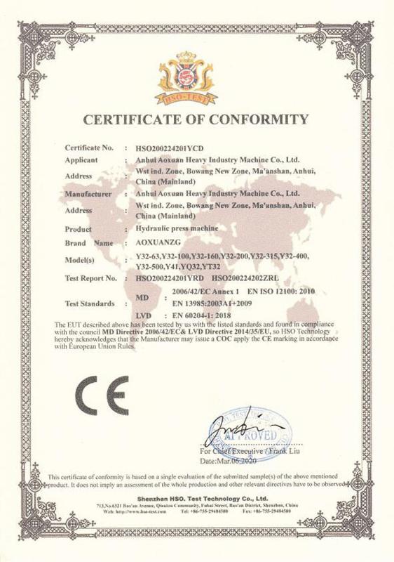 MD 2006/42/ECAnBex1 EN ISO 12100: 2010 EN 13985:2003A1+2009 LVD EN 60204-1: 2018 - Anhui Aoxuan Heavy Industry Machine Co., Ltd.