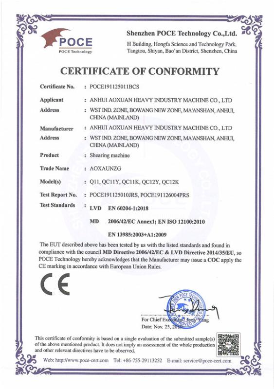 LVD EN 60204-1:2018 MD 2006/42/EC Annex1; EN ISO 12100:2010 EN 13985:2003+A1:2009 - Anhui Aoxuan Heavy Industry Machine Co., Ltd.