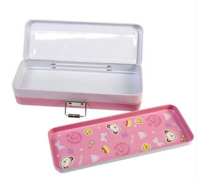 China 2 Layers Rectangular Metal Pencil Tin Box For School Kids With Lock And Embossing for sale