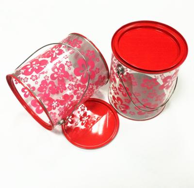 China Customized Fancy printing Handle Round gift tin box with Clear plastic Body and tin lid for sale