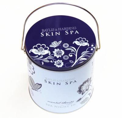 China Natural round tin box Spa Elegant Pattern Printing Scented with Luxury handle for sale