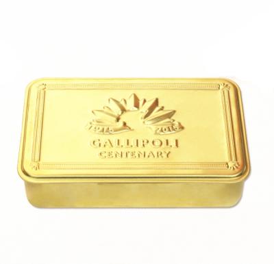 China Promotional food storage tins gold color candy with hinged lid and embossed logo for sale