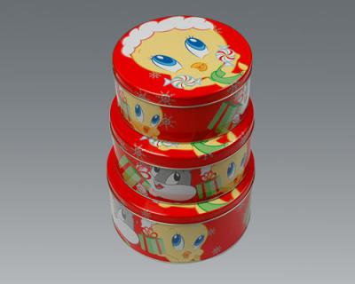 China Weihnachtsfeiertags-Metallkuchen-Zinn-Guckkastenbühne-kleine runde Behälter Dia110mm zu verkaufen