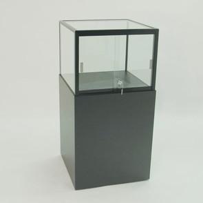 China Square Pedestal Glass Showcase Cabinet Laminate Wood And Aluminum Frame for sale