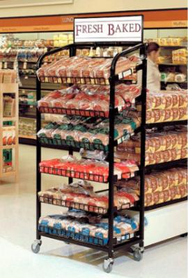 China Food & bread 5 layer adjust black powder coat retail metal shelf metal display rack with wheels for sale