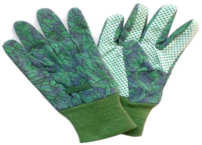 China Green Knit Wrist Working Hands Gloves Green PVC Dot Grip Garden Cotton Canvas Gloves for sale