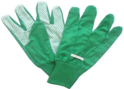 China Cotton / Poly Garden Working Glovs With Knit Wrist & Green Pvc Dots On Palm for sale