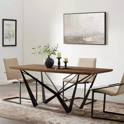 China Industrial Design Wood Metal Dining Table Set Black Iron Base Scratching Proof for sale