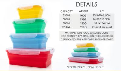China FDA 300ml 500ml 800ml 1200ml Silicone Folding Lunch Box for sale
