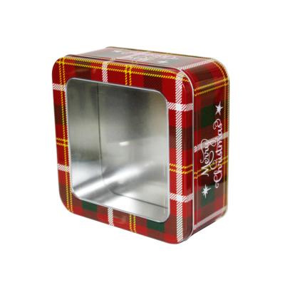 China Merry Christmas Holiday Tins Square Tin Box With Clear Window Decorative Tin Containers for sale