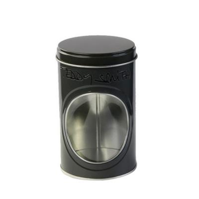 China Embossed Black Tins Round Tin Box with Clear Window on Body Decorative Tin Container à venda
