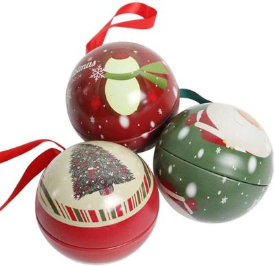 China Christmas Tree Baubles Ornaments Tinplate Candy Tin Box Xmas Tree Ball Pendant Kids Holiday Surprise Gift for sale