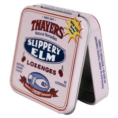 China Embossed Thayer Tin Square Tin Container Small Mint Tin Box with Hinge for sale