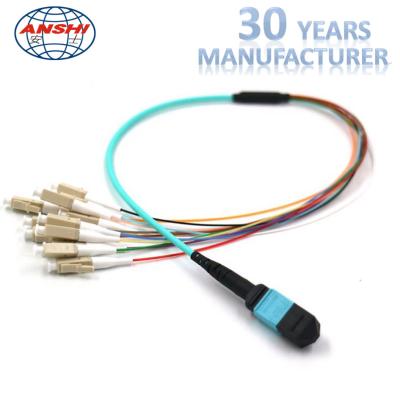 China Multimode MPO OM3 Optical Fiber Patch Cord Mpo Connector Fanout 12 Core for sale