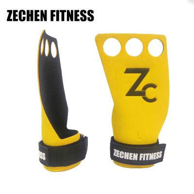 China Weight Lifting Palm Calleras OEM Cross Fit Hand Grips 3 Hole Yellow Microfiber for sale