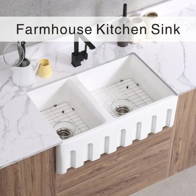 China 33In Double Bowls Farmhouse Kitchen Sink Fireclay Country Style Sink for sale
