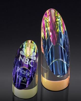 China colored glass trophy/prism prestige cylinder award/3d laser engraving color crystal award for sale