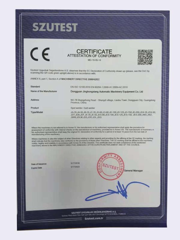 CE - Dongguan Jinghongxiang Automation Equipment Co., Ltd.