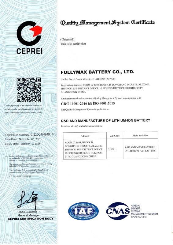 ISO9001 Quality Management System - Fullymax Battery Co., Ltd.