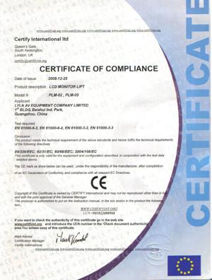 CE Certificate for Lyln LCD Monitor Lift - Lyln AV Equipment Company Limited